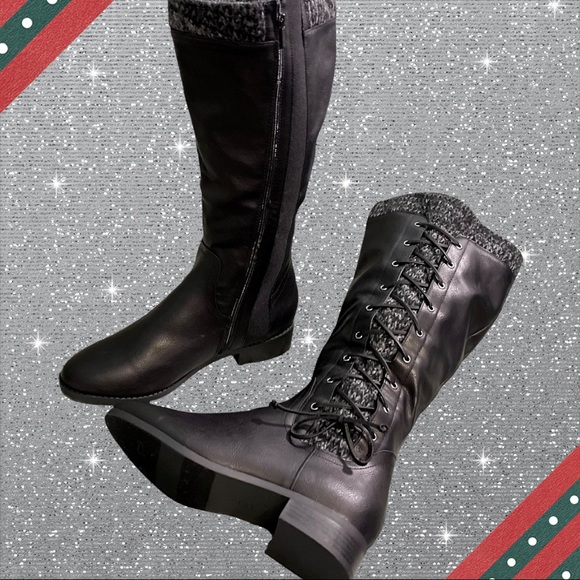 Torrid Black Faux Leather Sweater Criss-Cross Knee Boots Wide calf New in Box - Picture 7 of 13